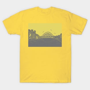 Tyne Bridge and Bridges of NewcastleGateshead Quayside Linocut in Yellow and Grey T-Shirt